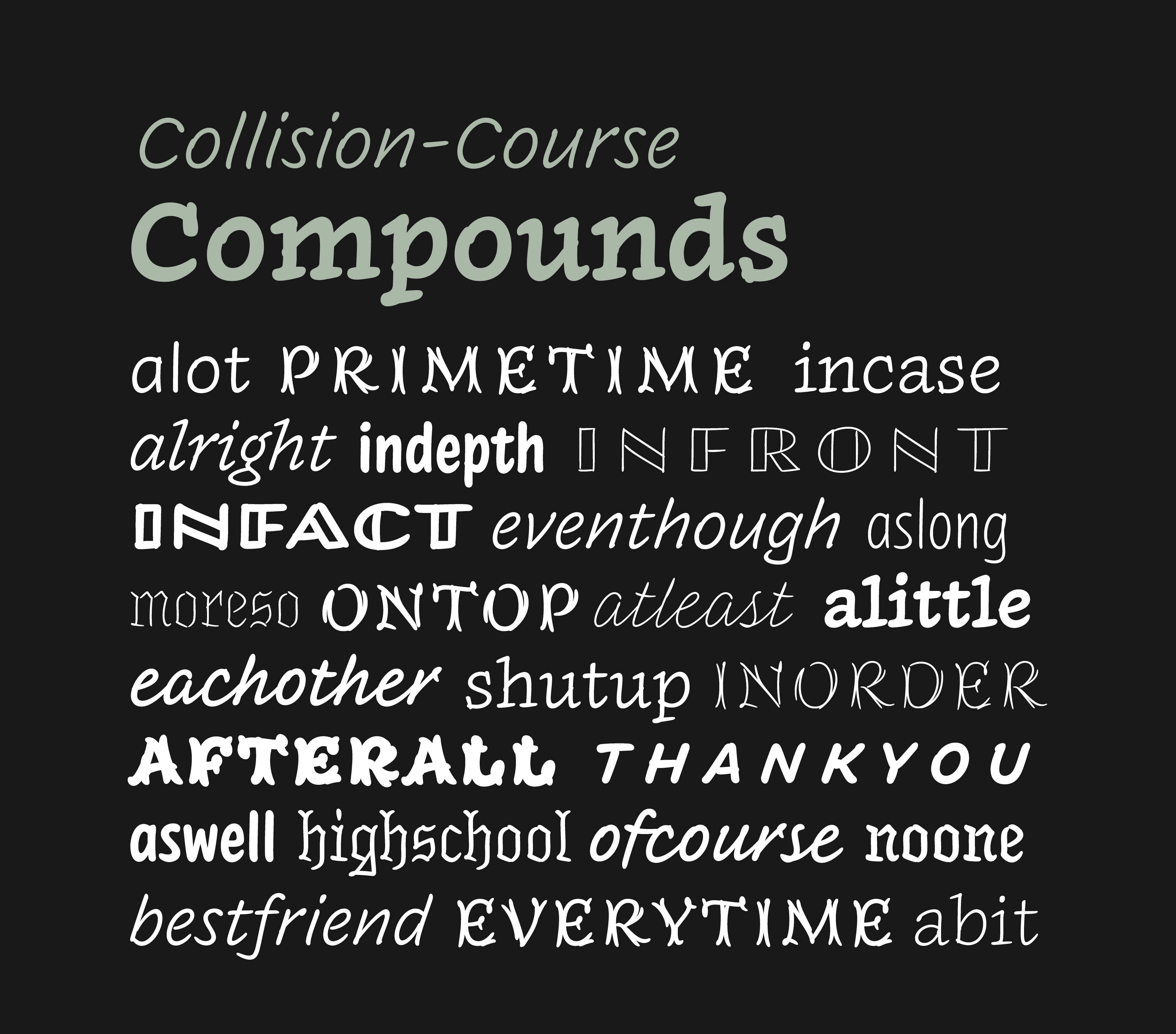 A graphic listing several collision-course compounds, including "alot," "primetime," "indepth," and "eachother." 