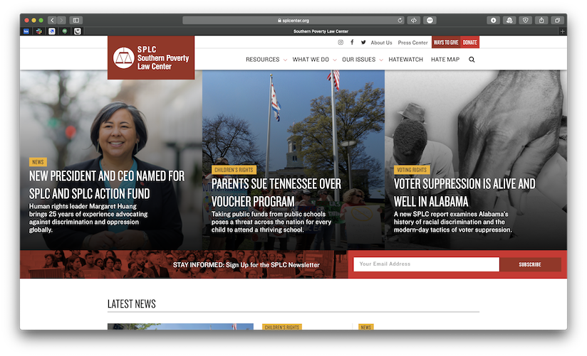 A screenshot of the Southern Poverty Law Center's website