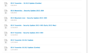 A screenshot showing some OS X System Updates on Apple's website. All the dates are written in a numerical Month Day Year format.