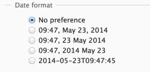 A date format selector on Wikipedia, with options for no preference, month day year, day month year and year month day. 