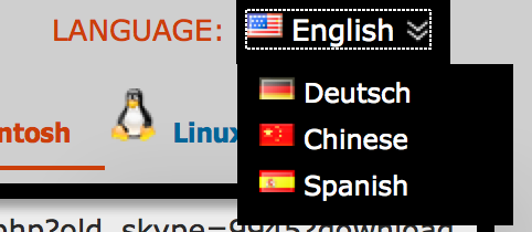 Language selector with flags. Spanish and Chinese are labelled in English.