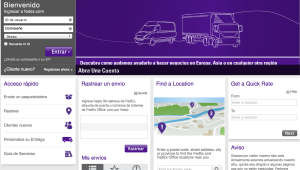 Screenshot of the FedEx US website, set to Spanish. Most of the text is translated into Spanish but there are still several information panels written in English.