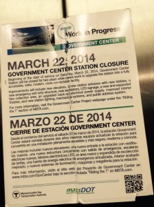 A sign announcing the closure of a Boston-area MBTA station on 22 March 2014. The Spanish translation says 'Marzo 22 de 2014' which is incorrect for Spanish.