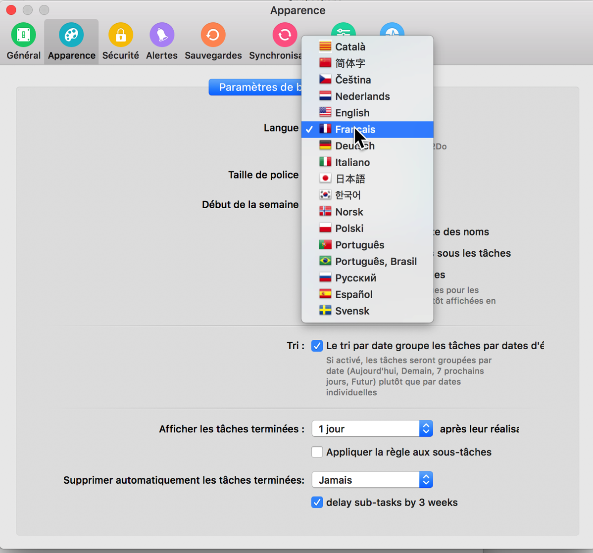 A screenshot of the preferences window in 2Do.