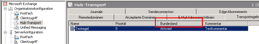 Screenshot of the German-language version of Microsoft Exchange. 'Status' is mistranslated as 'State' or 'Bundesland'.